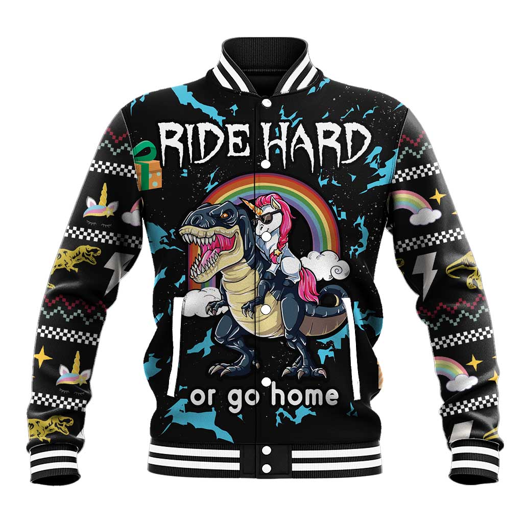 Black baseball jacket with front dinosaur-unicorn graphic and Ride Hard text