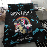 Black bedding set with blue splash pattern, dinosaur and unicorn center graphic, “or go home”