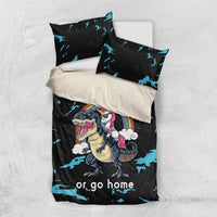 Black duvet and pillow set with blue splatter design, dinosaur and unicorn, “or go home”
