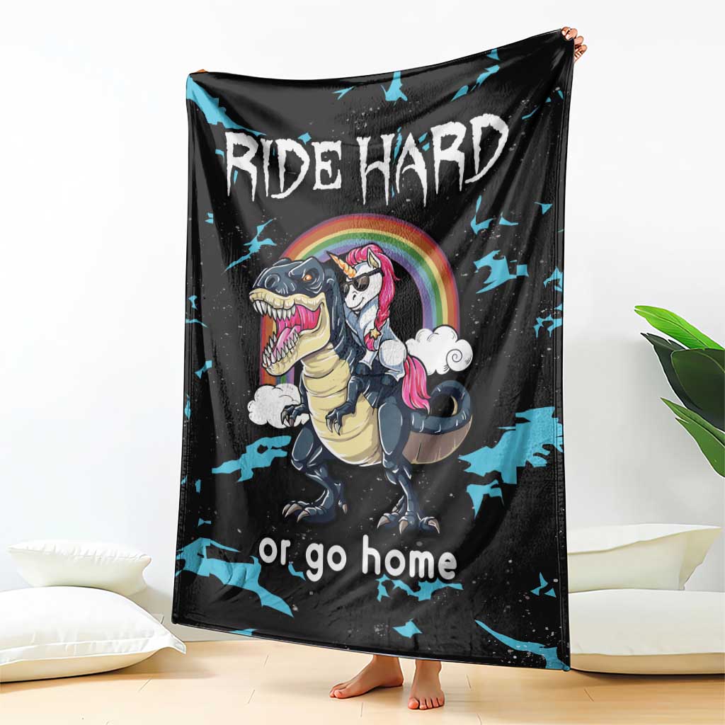 Black throw blanket featuring a dinosaur and unicorn with rainbow and "or go home"