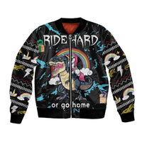 Unisex black bomber jacket with dinosaur-unicorn rainbow graphic, full-zip front
