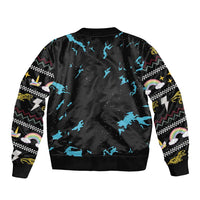 Unisex black bomber jacket with scattered blue dinosaur print, ribbed hem and cuffs