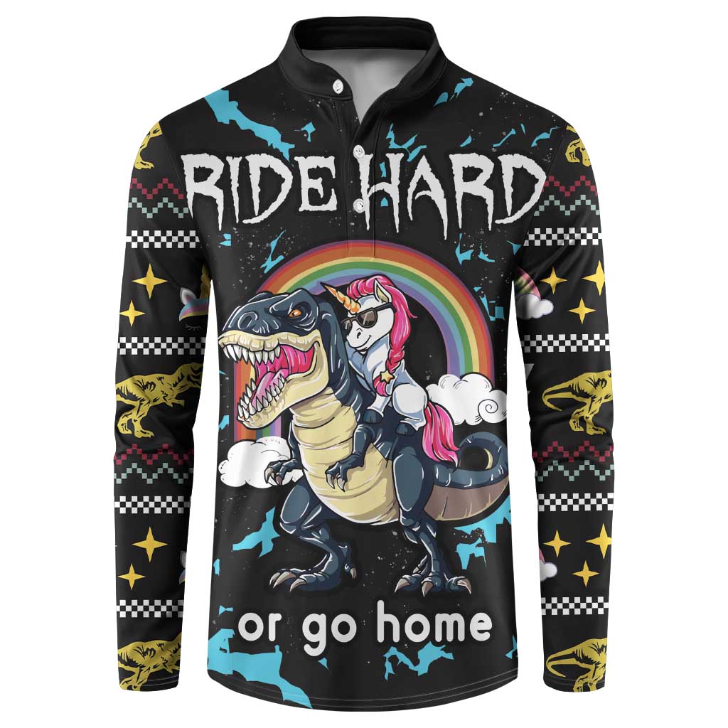 Black long-sleeve button henley sweatshirt with Ride Hard dinosaur and unicorn graphic