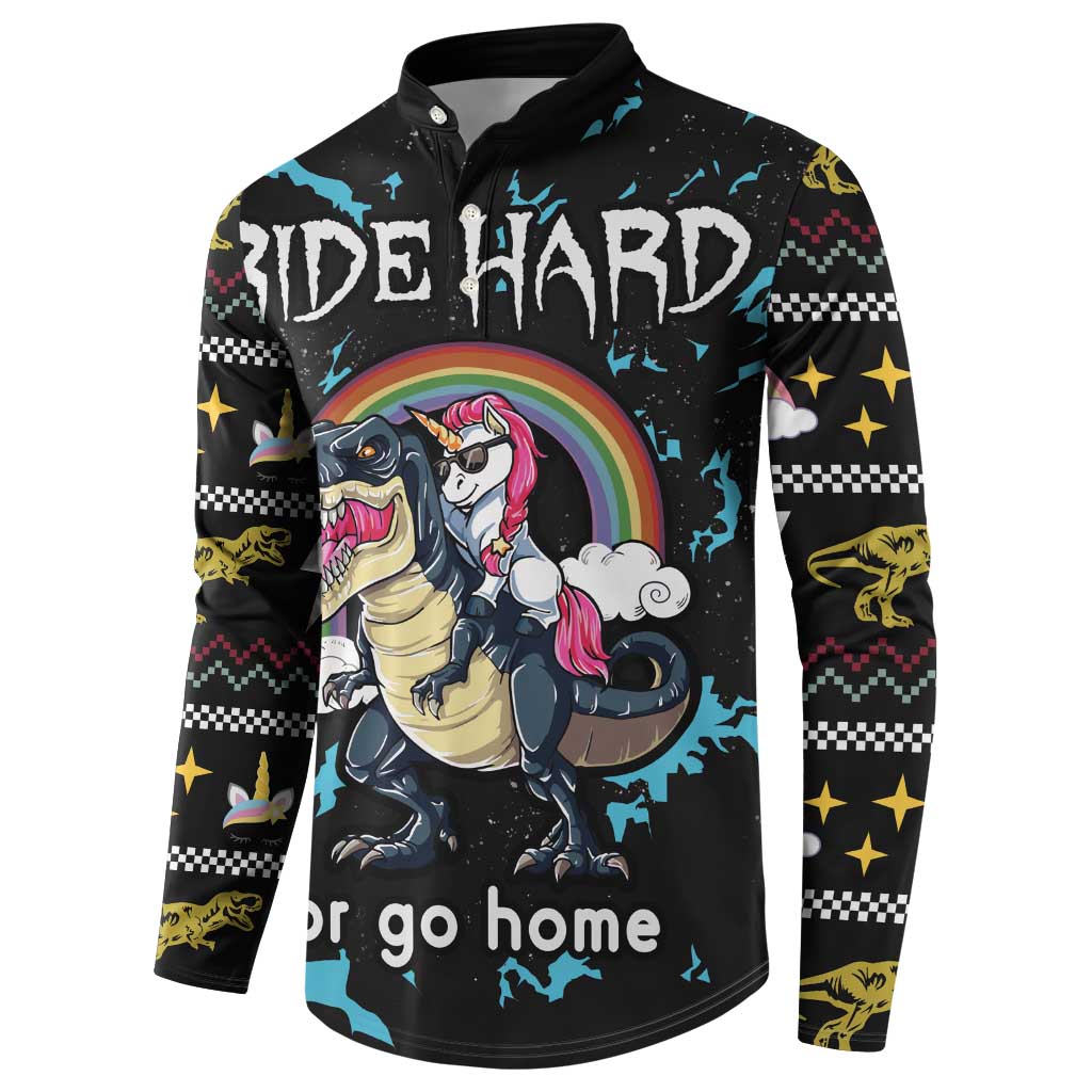 Black long-sleeve henley sweatshirt with Ride Hard chest print and colorful unicorn dino