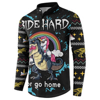 Black long-sleeve henley sweatshirt with Ride Hard chest print and colorful unicorn dino