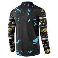 Black long-sleeve henley sweatshirt back with scattered blue dinosaur silhouettes