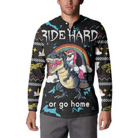 Black long-sleeve button henley sweatshirt with Ride Hard front graphic and blue streaks