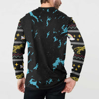 Black long-sleeve henley sweatshirt back with blue splash pattern and checkered sleeve bands