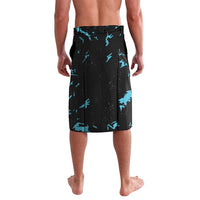 Men's black graphic dinosaur swim shorts, blue splatter print, back view