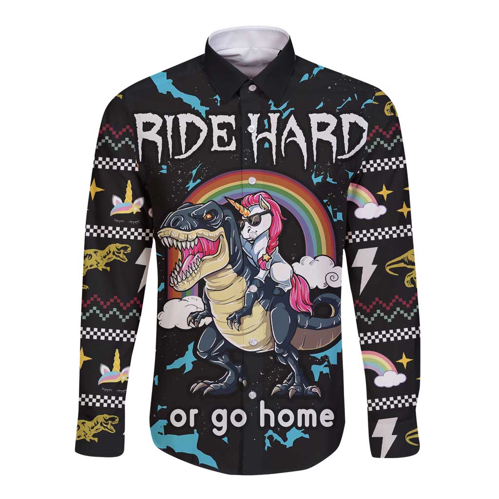 Black long-sleeve button shirt with colorful Ride Hard graphic and unicorn-dino scene.