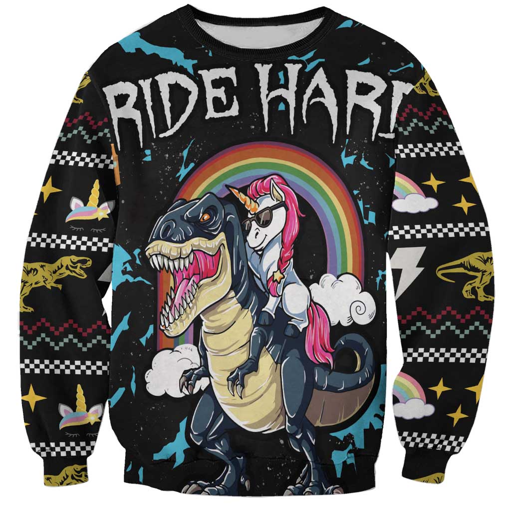 Unisex black sweatshirt with dinosaur and unicorn graphic, rainbow center