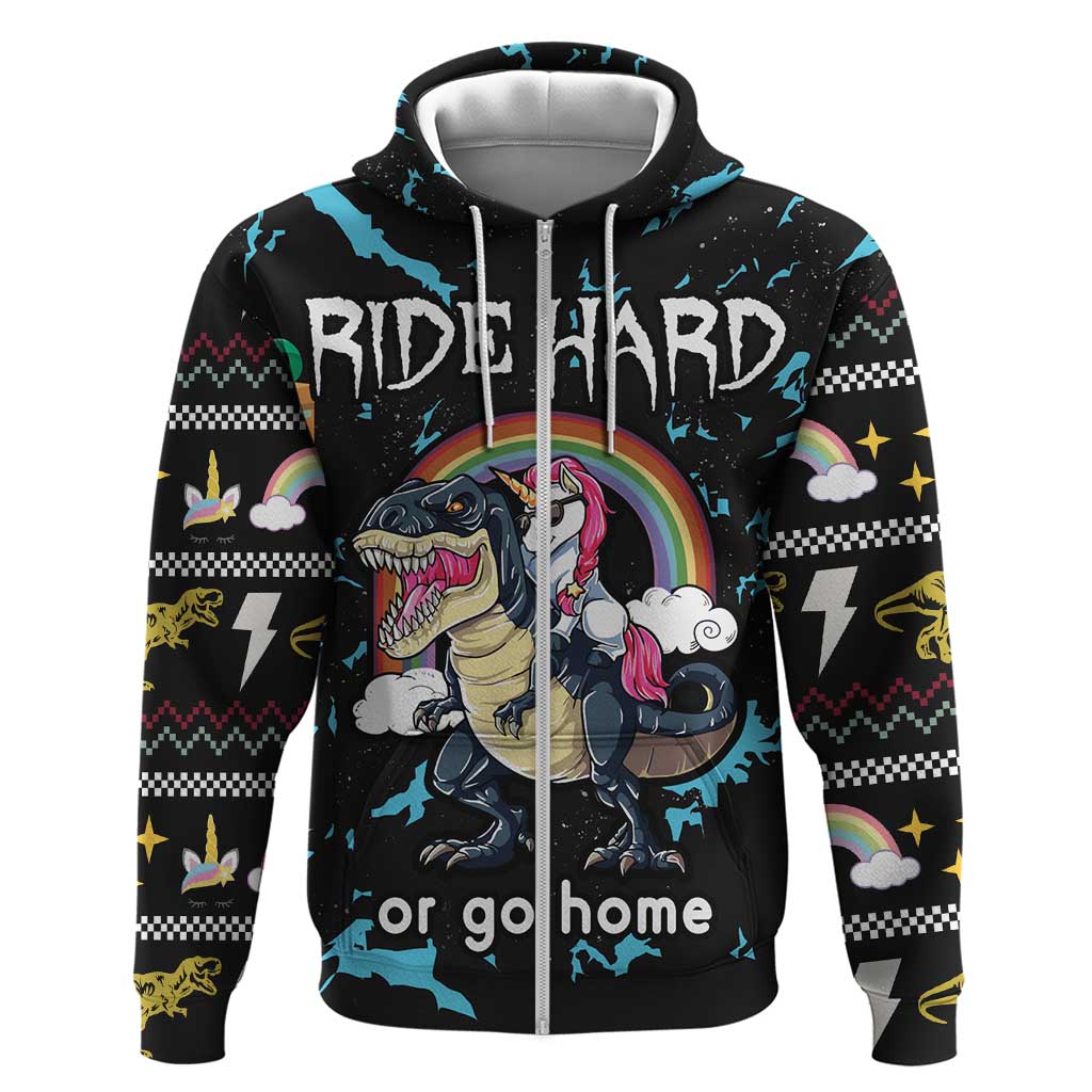 Christmas Dinosaur Unicorn Zip Hoodie Ride Hard or Go Home - Wonder Print Shop