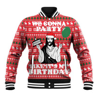 Red unisex baseball jacket with striped collar, ribbed cuffs, full-zip and front holiday graphic
