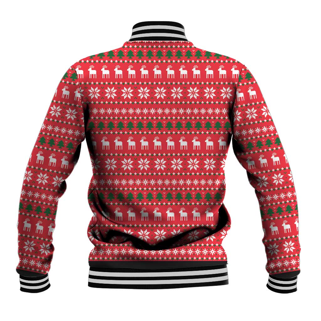 Red unisex baseball jacket back view with striped collar, ribbed hem and all-over holiday print