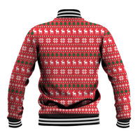 Red unisex baseball jacket back view with striped collar, ribbed hem and all-over holiday print