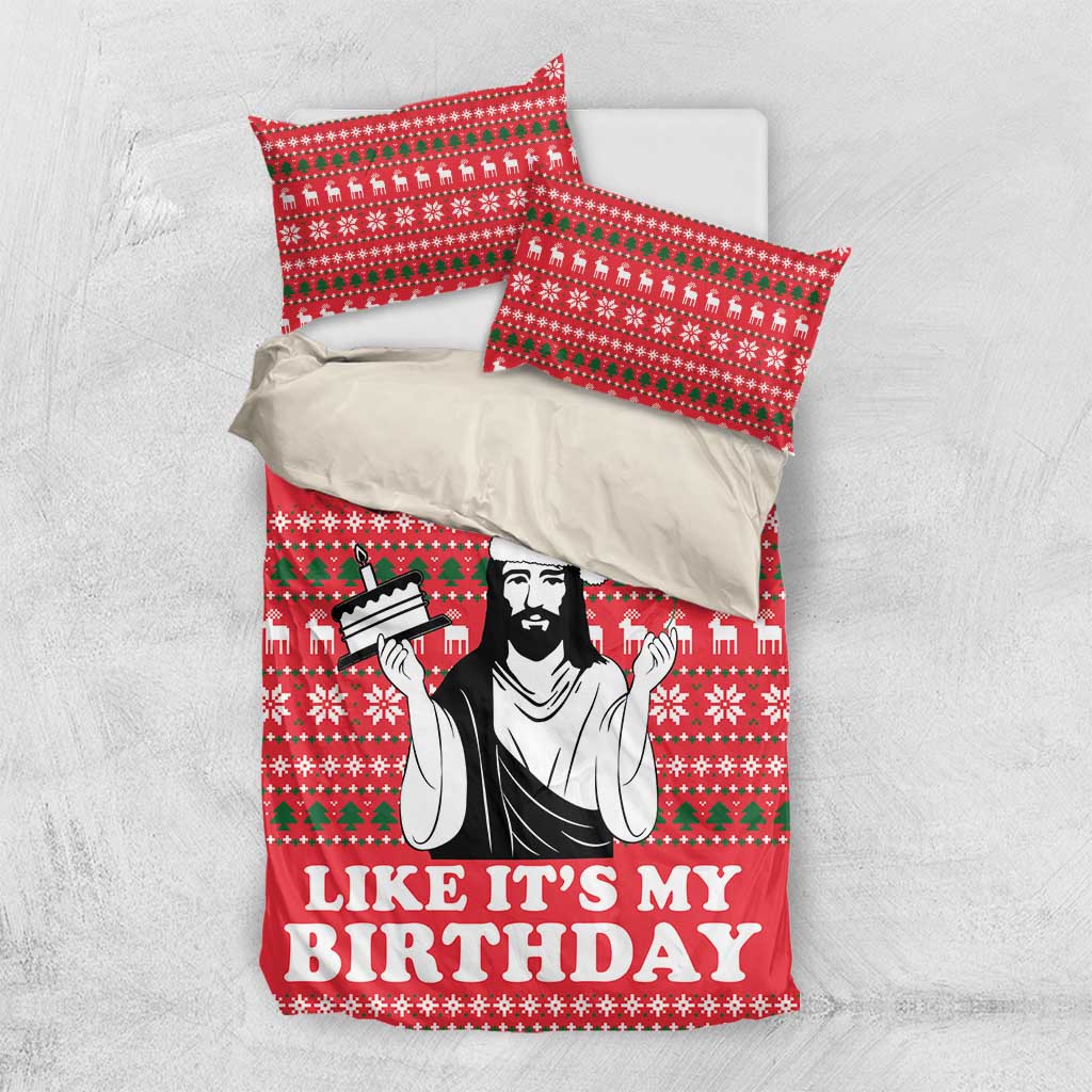 Red bedding set with matching pillowcases, bearded figure and Like It's My Birthday on duvet
