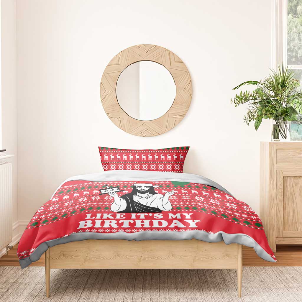 Red bedding set with Like It's My Birthday graphic, matching pillowcase, duvet spread