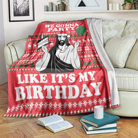 Red Christmas party blanket with 'We Gonna Party' and 'Like It's My Birthday' print