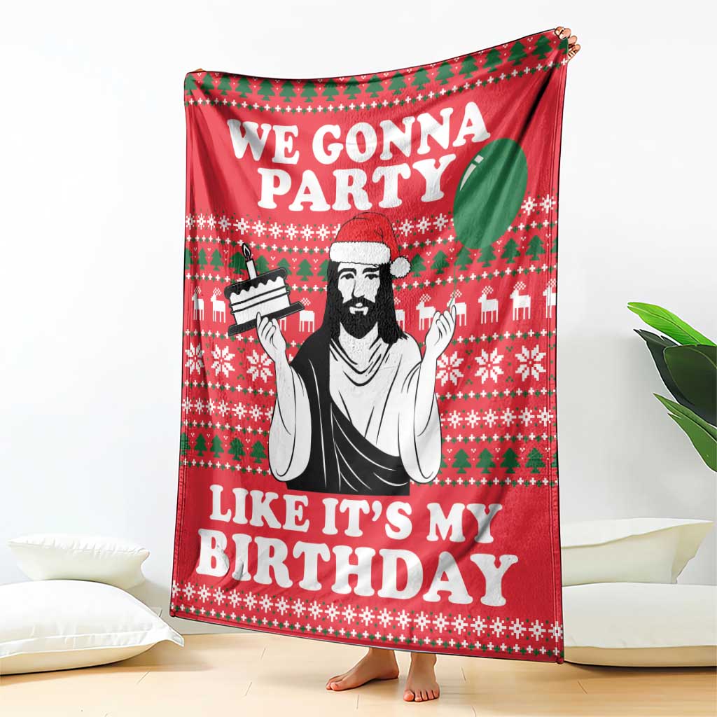 Red blanket featuring 'We Gonna Party' text, bearded figure, and 'Like It's My Birthday'