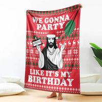 Red blanket featuring 'We Gonna Party' text, bearded figure, and 'Like It's My Birthday'