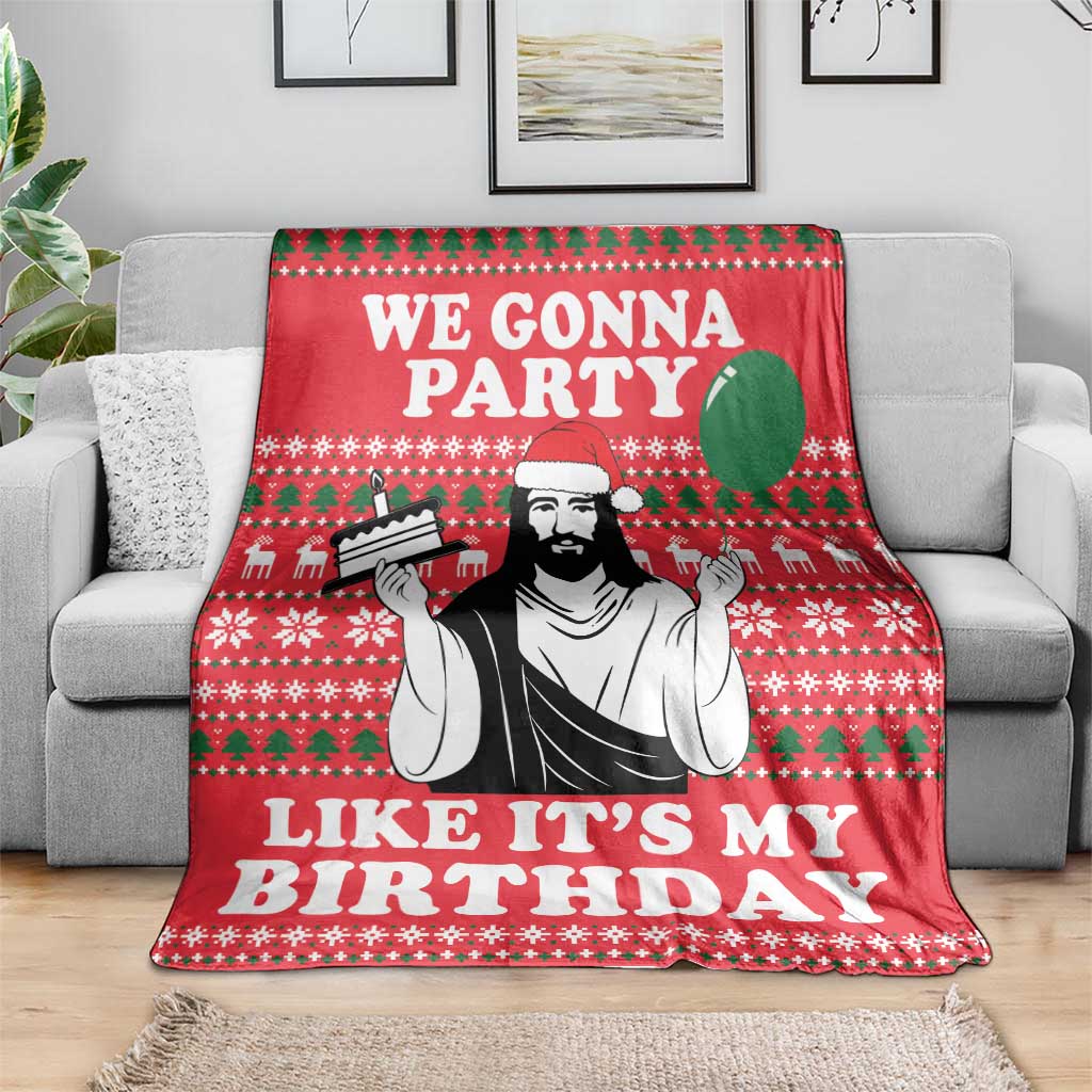 Red Christmas-style throw blanket with bearded figure and 'Like It's My Birthday' text