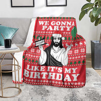 Red throw blanket with bearded party figure and bold 'Like It's My Birthday' lettering