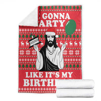 Red blanket set with folded whites; 'We Gonna Party' and 'Like It's My Birthday' text