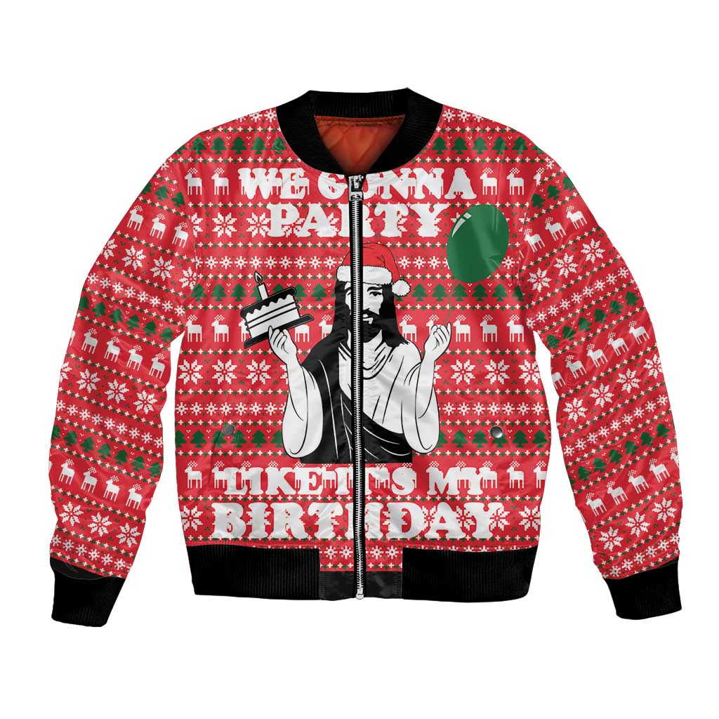 Red bomber jacket with festive Christmas pattern and front graphic print