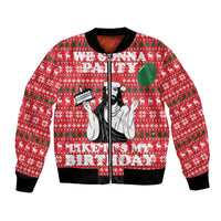 Red bomber jacket with festive Christmas pattern and front graphic print