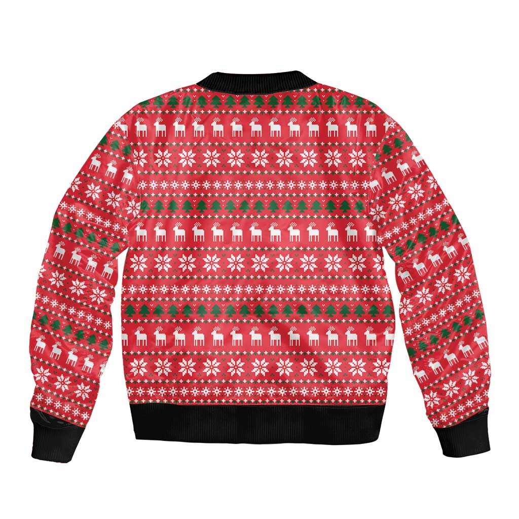 Red bomber jacket with holiday striping and all-over Christmas pattern, back view