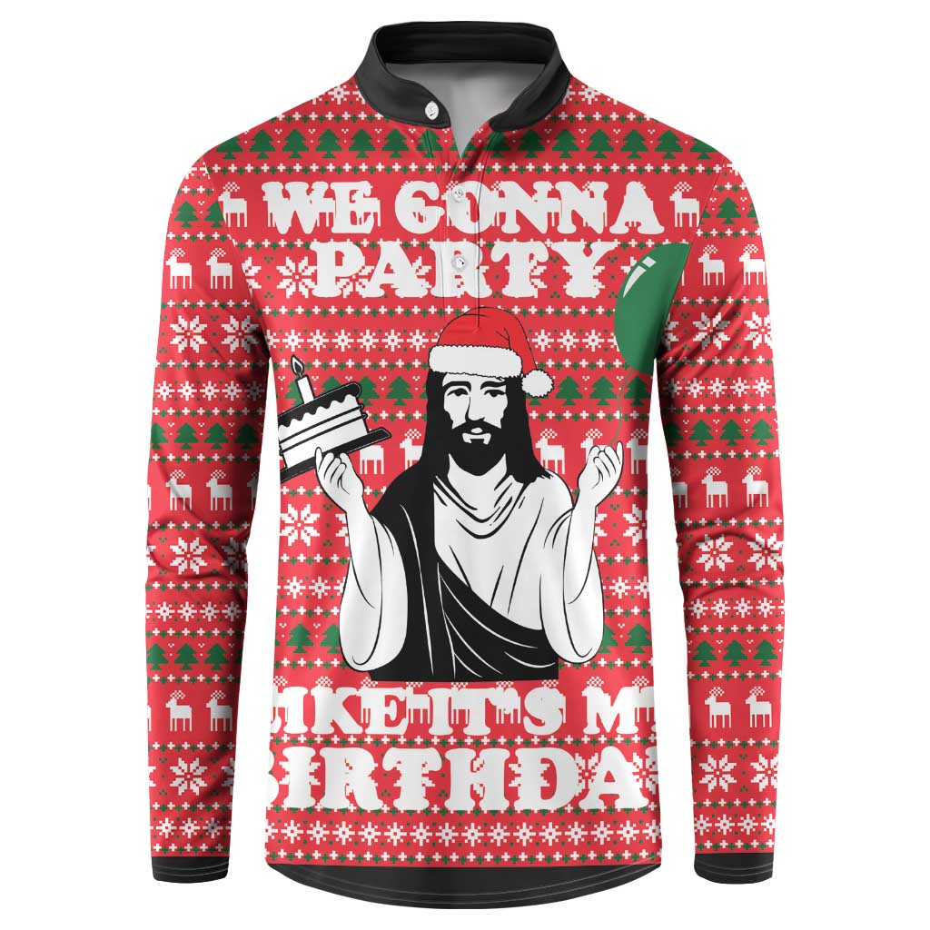 Red button-front sweatshirt with black collar; festive graphic print front
