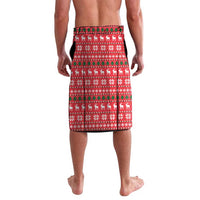 Red Christmas-pattern sarong-style wrap skirt with green trees and white reindeer icons, knee length