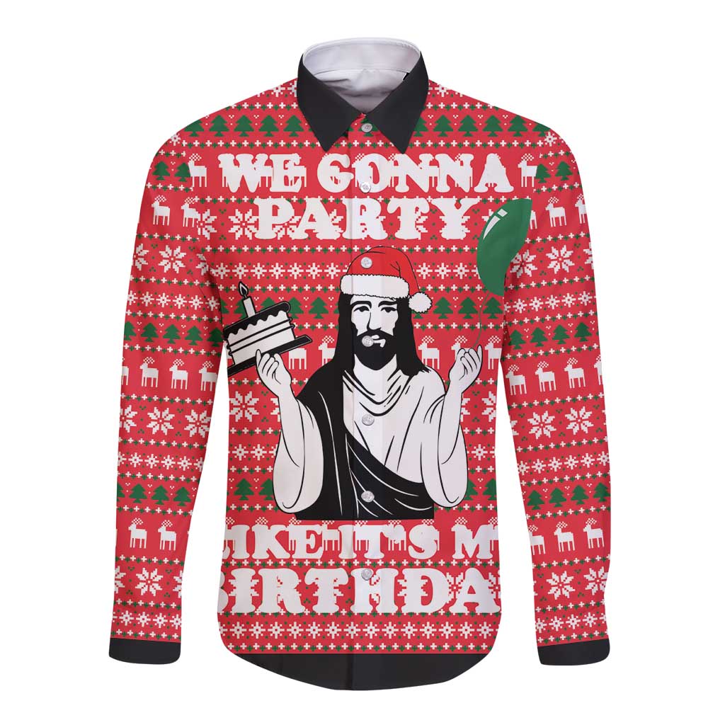 Red long-sleeve button shirt with black collar, festive party graphic front