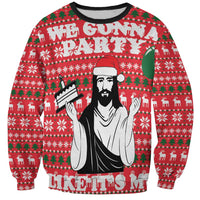 Red Christmas sweatshirt with green pattern, bearded man graphic, festive text
