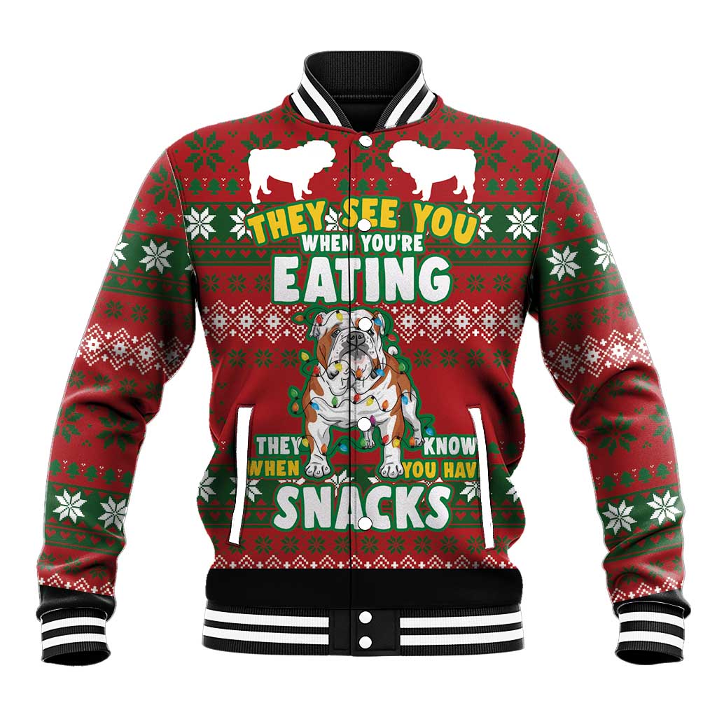 Red unisex Christmas baseball jacket with bulldog snack graphic and striped rib cuffs