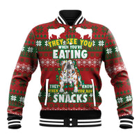 Red unisex Christmas baseball jacket with bulldog snack graphic and striped rib cuffs