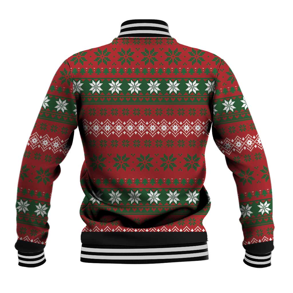 Red unisex Christmas baseball jacket back with festive knit pattern and striped rib hem