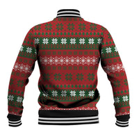 Red unisex Christmas baseball jacket back with festive knit pattern and striped rib hem