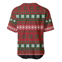 Red Christmas baseball jersey back with repeating snowflake and holiday pattern