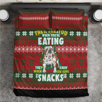 Red Christmas bedding set with green fair-isle pattern, dog graphic, and 'snacks' text