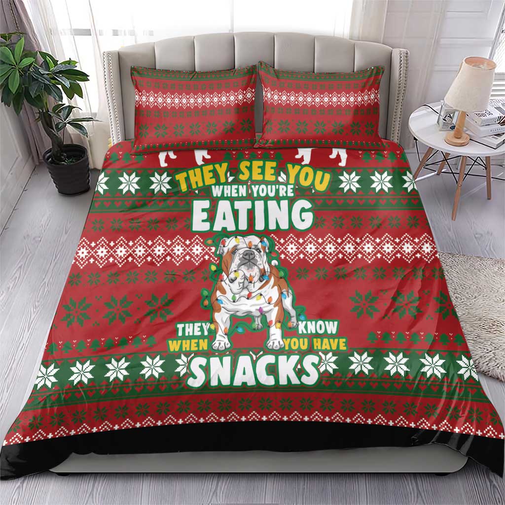 Red Christmas bedding set with dog-and-snacks graphic, green pattern, and two matching pillows