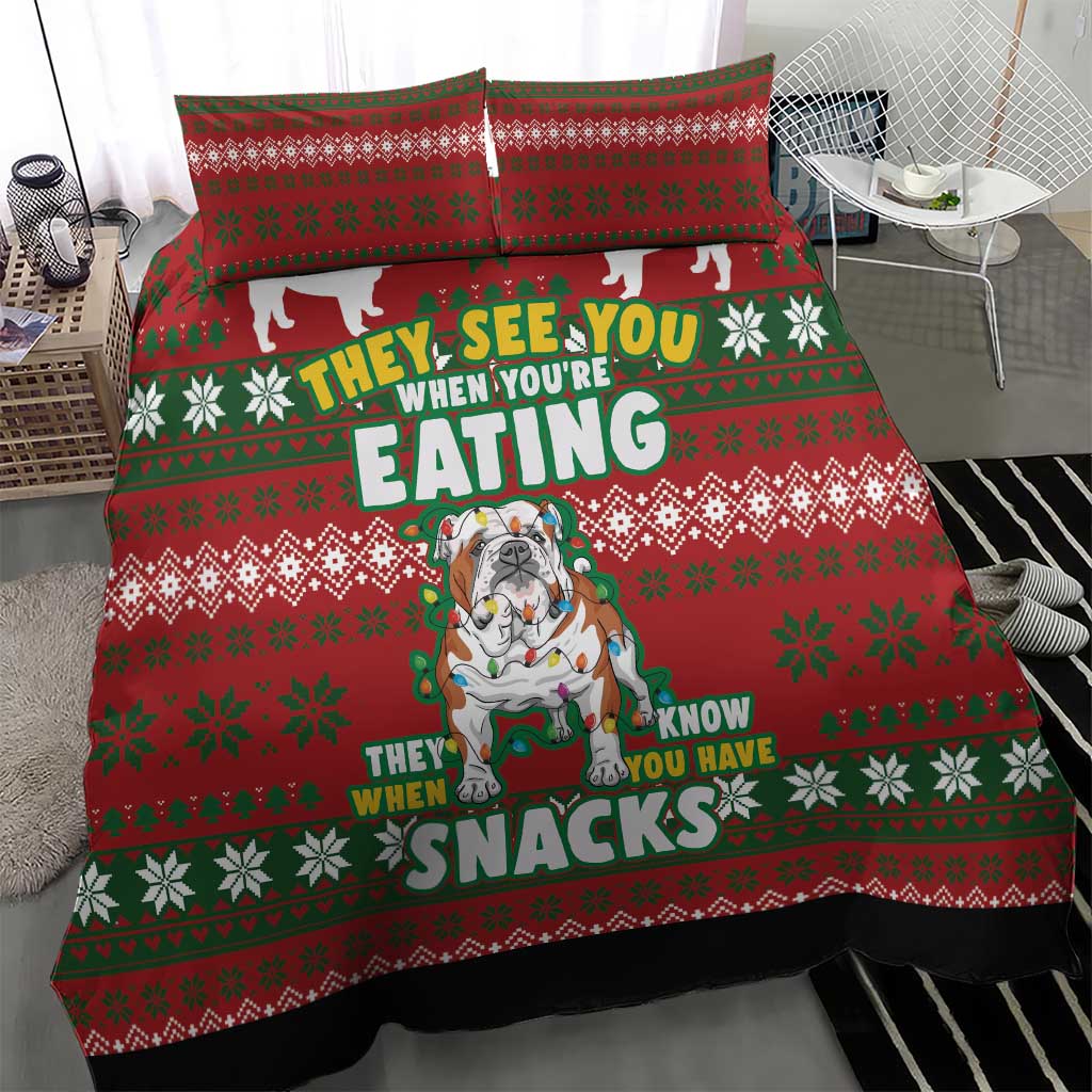 Red Christmas bedding set with dog image and 'THEY SEE YOU' snack text, green snowflake pattern