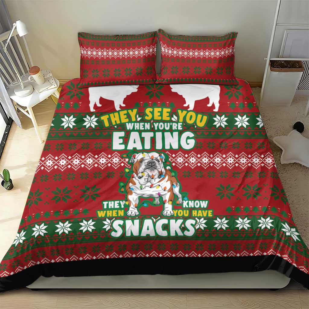 Red Christmas bedding set with dog graphic, 'EATING' and 'SNACKS' text, and two pillows