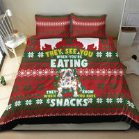 Red Christmas bedding set with dog graphic, 'EATING' and 'SNACKS' text, and two pillows