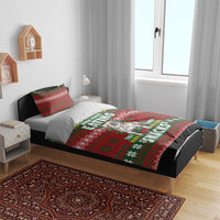 Red Christmas bedding set with dog snack graphic and green holiday stripe pattern on duvet