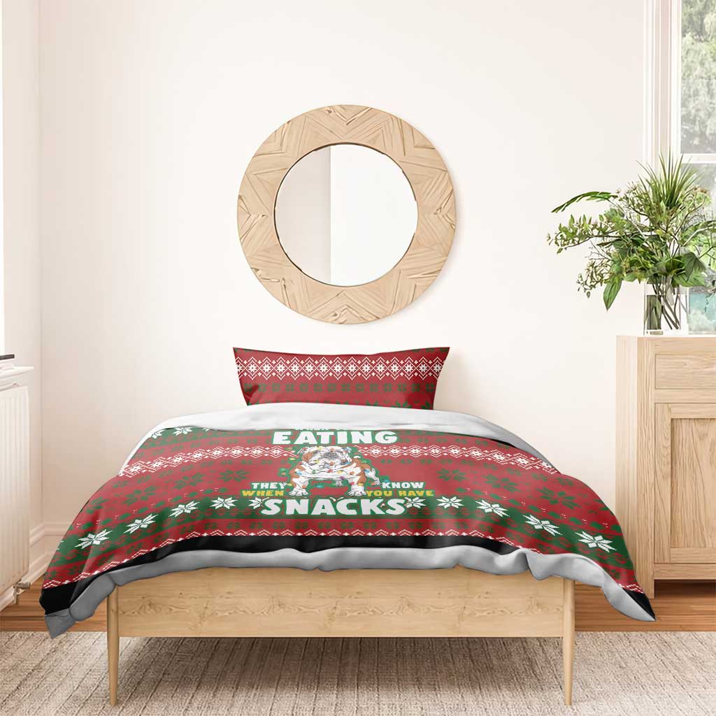 Red Christmas bedding set with dog graphic, 'EATING' and 'SNACKS' text, and green motifs