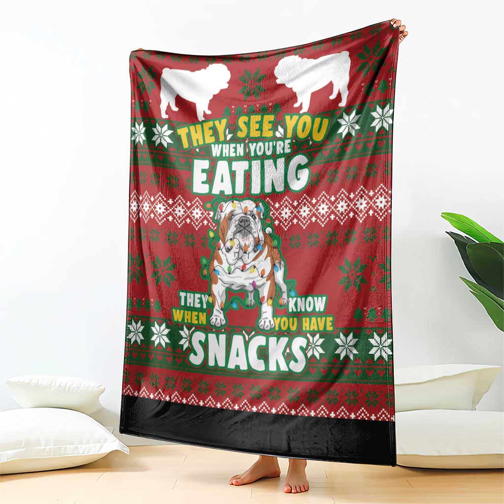 Red Christmas dog blanket with bulldog silhouettes and “They see you…snacks” text