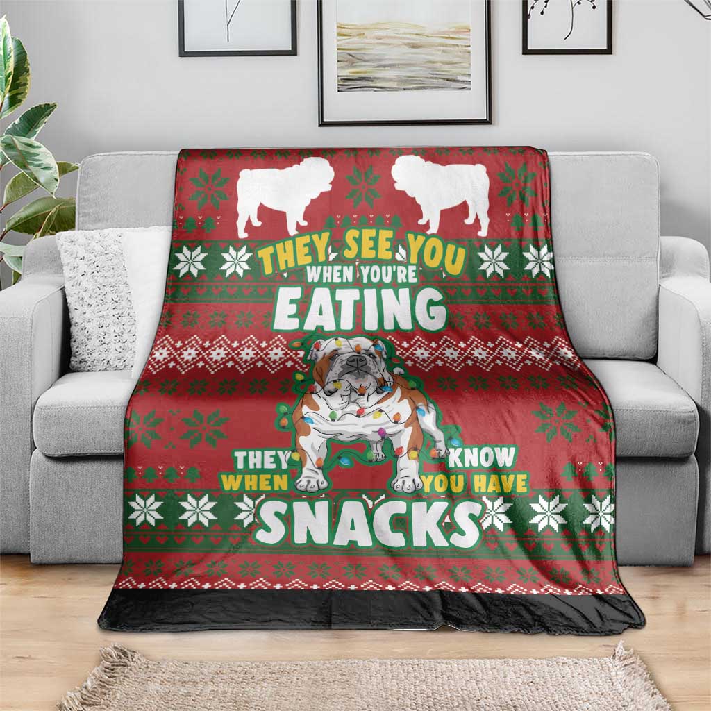Christmas dog blanket on light-gray sofa, red festive pattern with “SNACKS” slogan