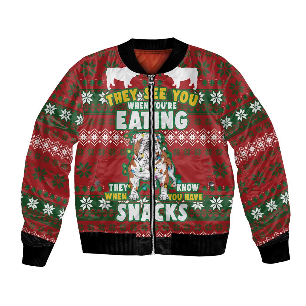 Red bomber jacket with full-zip front and festive snack graphic, holiday pattern