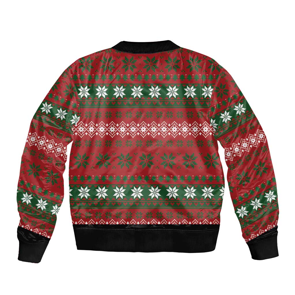 Red bomber jacket back with holiday fair-isle pattern and snowflake motifs, black rib cuffs